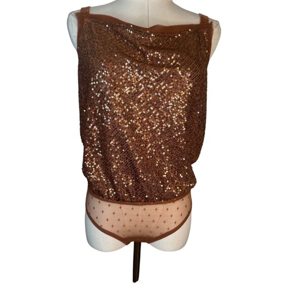 Free People XS Women's Shimmer & Shine Thong Bodysuit, Sunset, Brown, Metallic - Picture 4 of 15